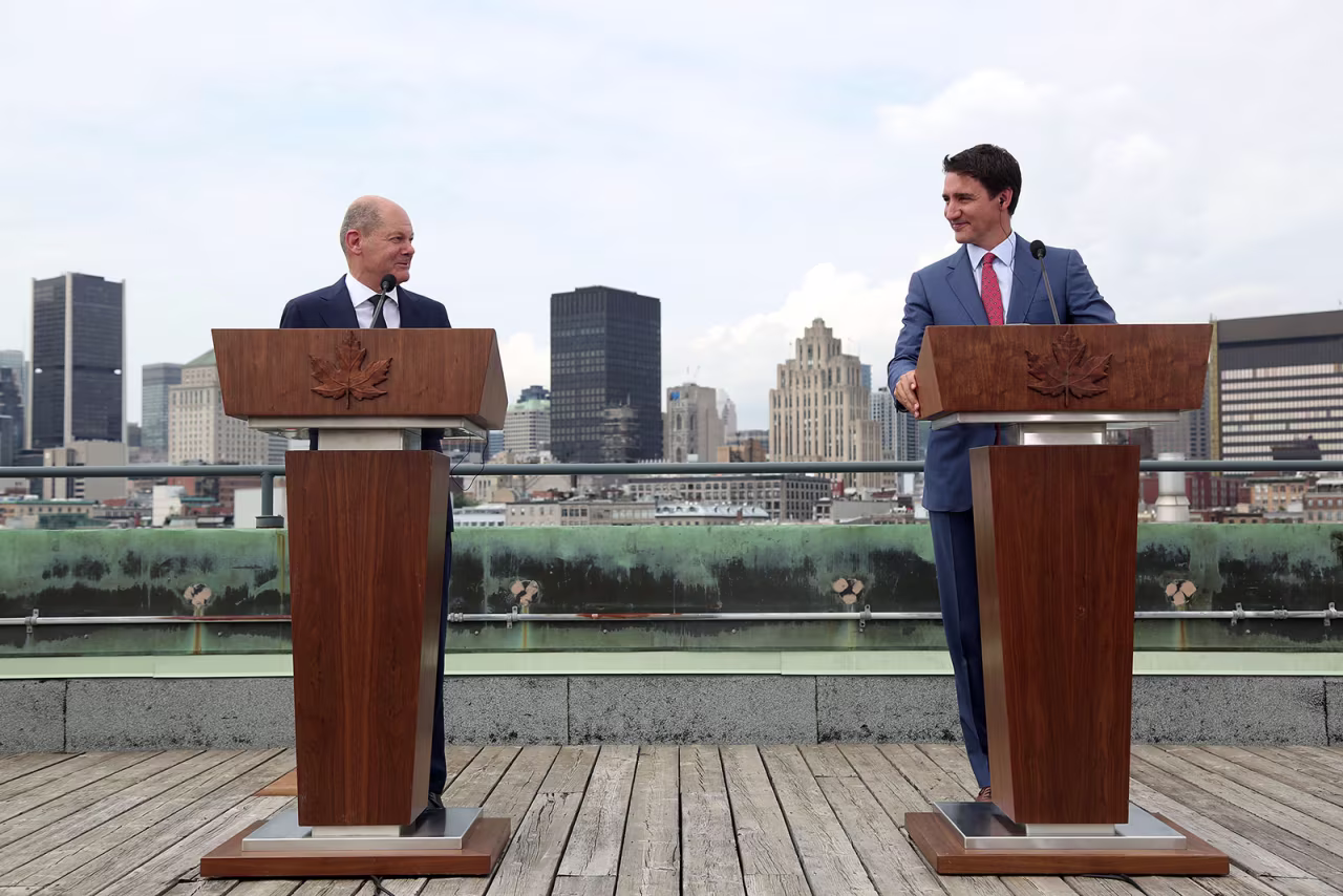 Canada's Prime Minister Justin Trudeau, right, and German Chancellor Olaf Scholz participate in a news conference in Montreal, Quebec, Canada, on August 22.