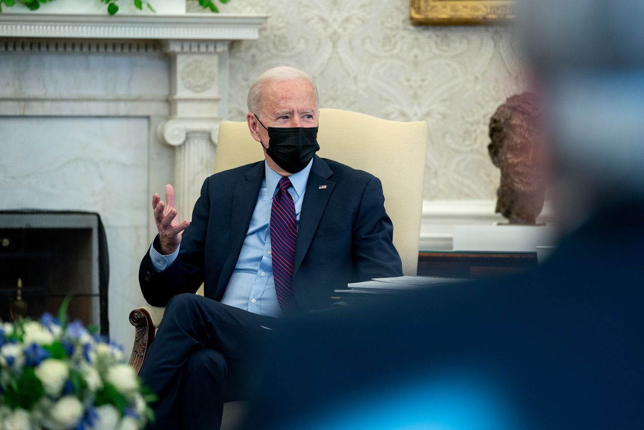 President Joe Biden talks with House Democratic leaders and committee chairs in the Oval Office at the White House February 5 in Washington, DC.?