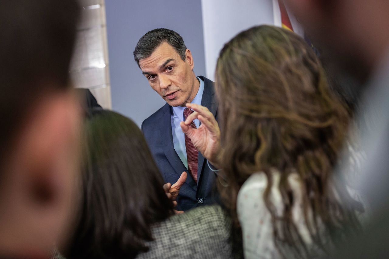 Spanish Prime Minister Pedro Sanchez talks to journalists after a coronavirus-related press conference at the Moncloa palace in Madrid, on March 10.