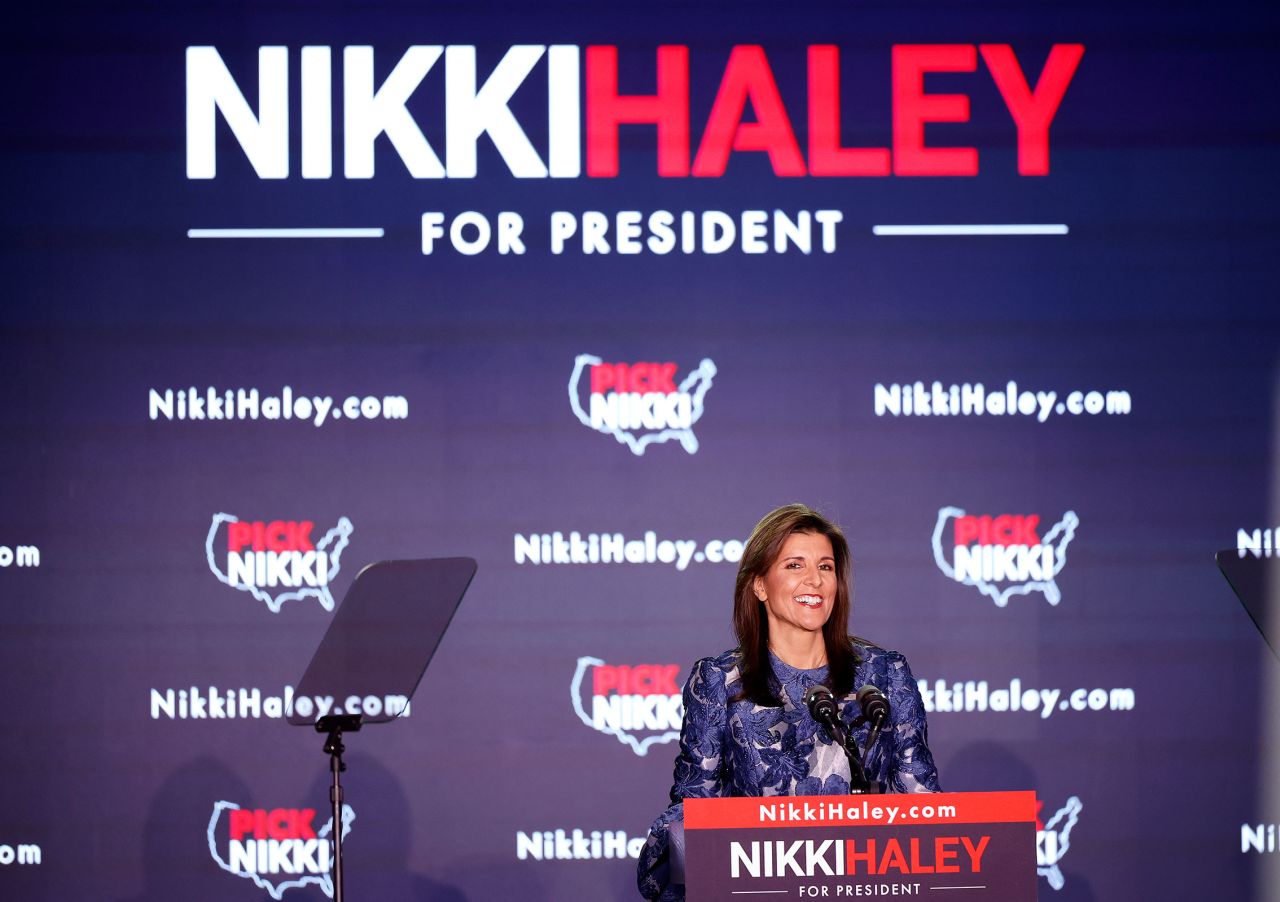 Haley delivers remarks at her primary night rally at the Grappone Conference Center on January 23, 2024 in Concord, New Hampshire.