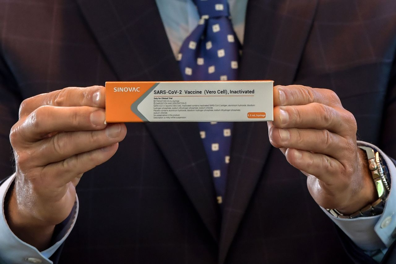 João Doria, governor of São Paulo, displays a box of the Covid-19 vaccine developed by Sinovac Biotech during a press conference in São Paulo, Brazil, on July 21, 2020.