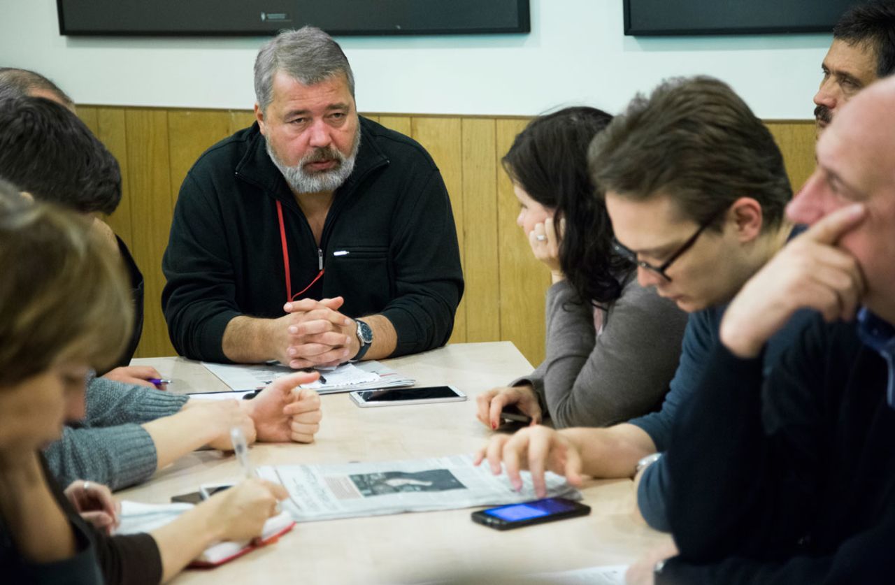 Dmitry Muratov attends a planning meeting with the Novaya Gazeta editorial board in Moscow, Russia, on October 9, 2015.