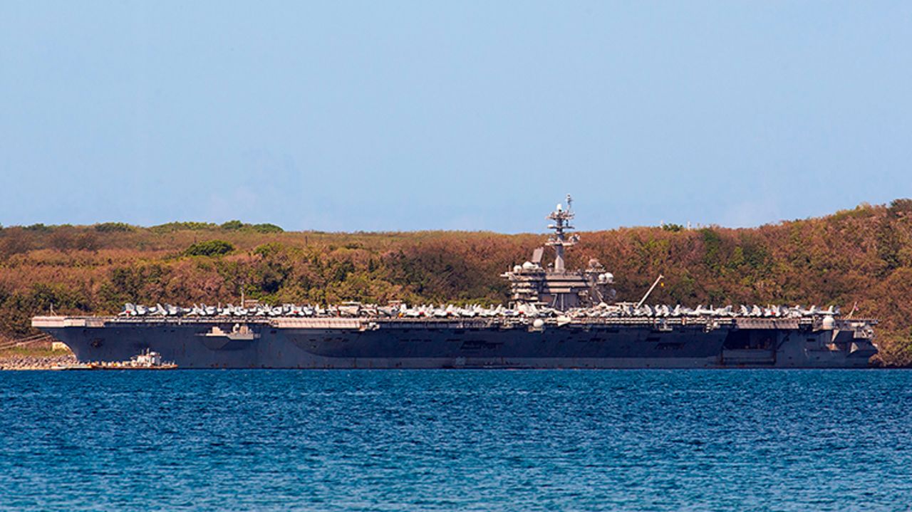 The USS Theodore Roosevelt docked at Naval Base Guam in Apra Harbor on April 10. 