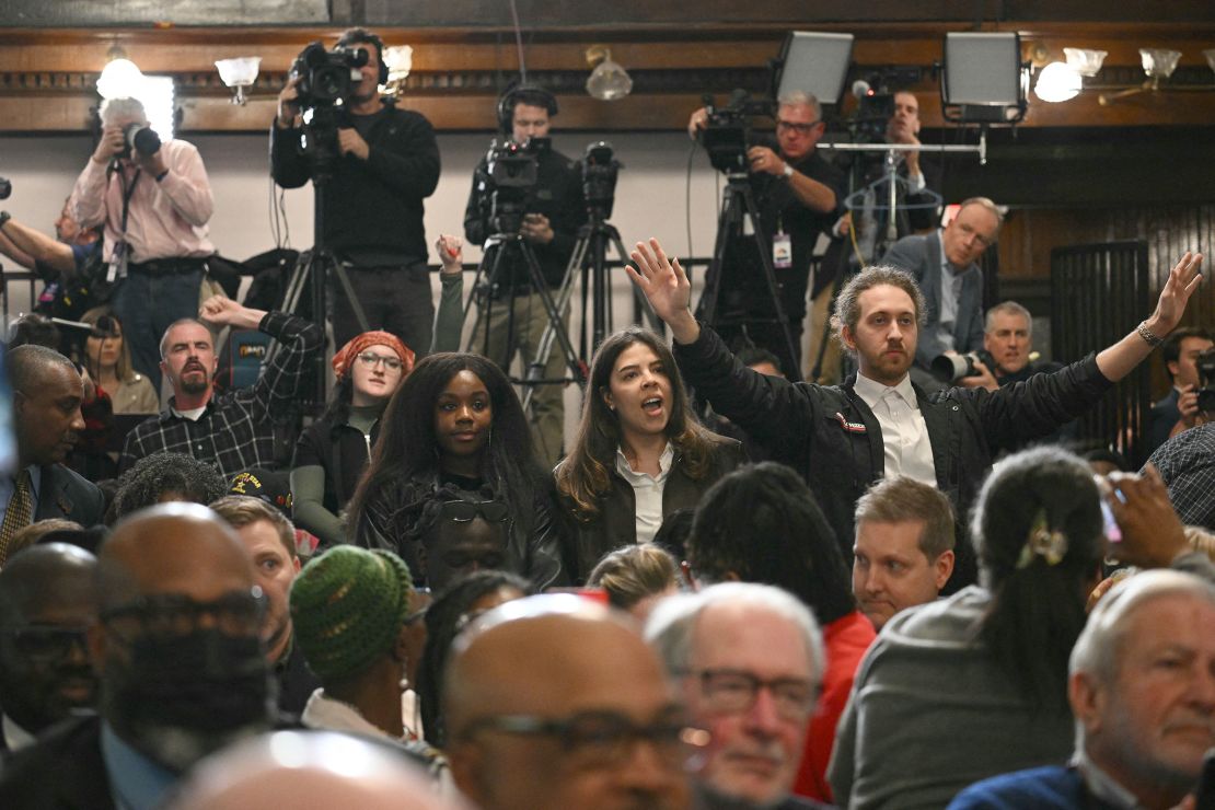 Protestors call for a ceasefire in the Gaza Strip as US President Joe Biden speaks at Mother Emanuel AME church at a campaign event in Charleston, South Carolina, on January 8, 2024.