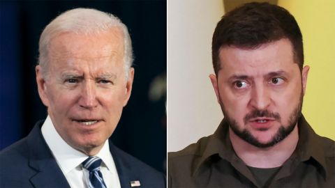  US President Joe Biden is seen April 14 and Ukrainian President Volodymyr Zelensky is seen April 9. 