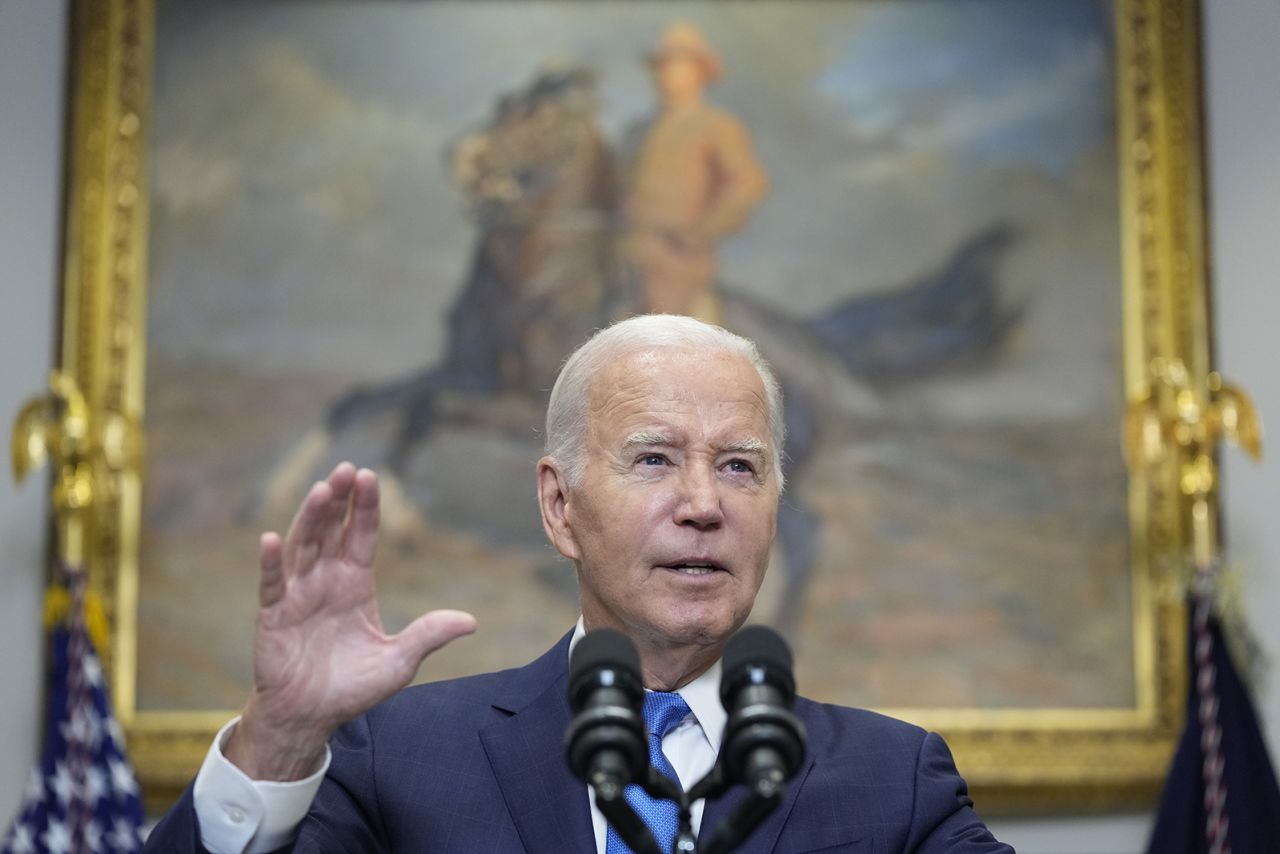 President Joe Biden speaking about the auto workers strike from the Roosevelt Room of the White House in Washington today.