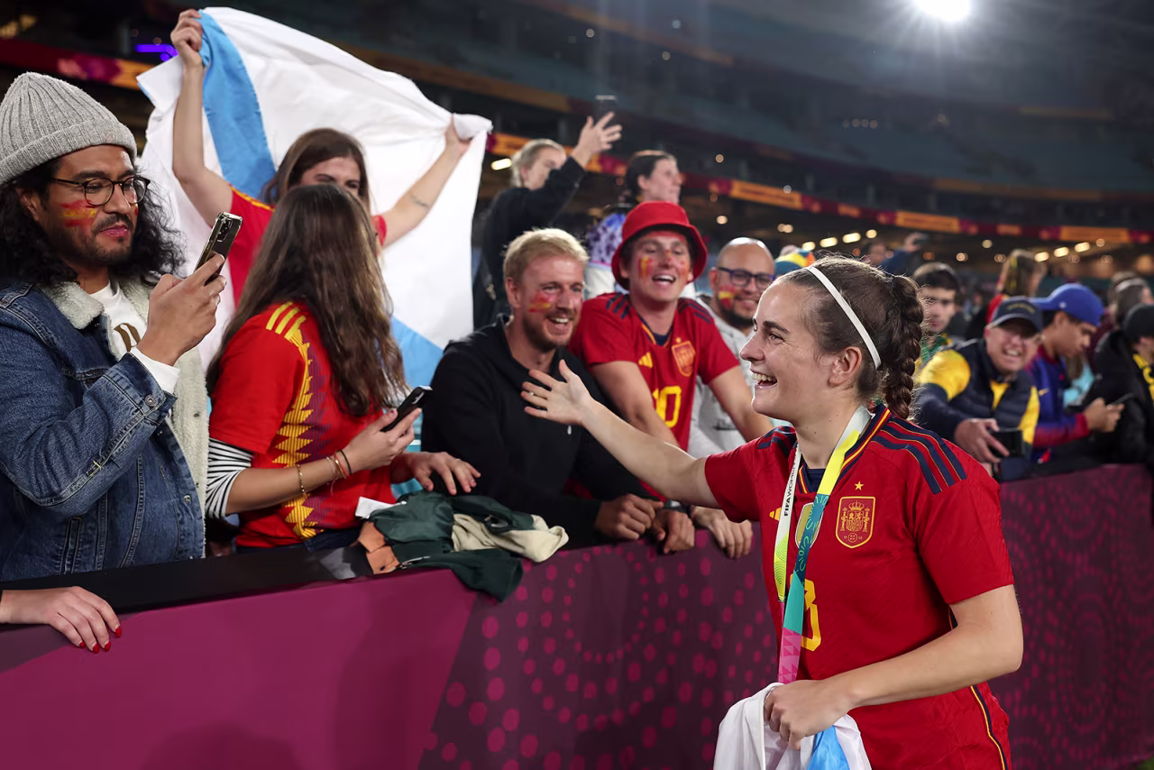 Spain’s Teresa Abelleira celebrates with fans after the team's victory on August 20. 