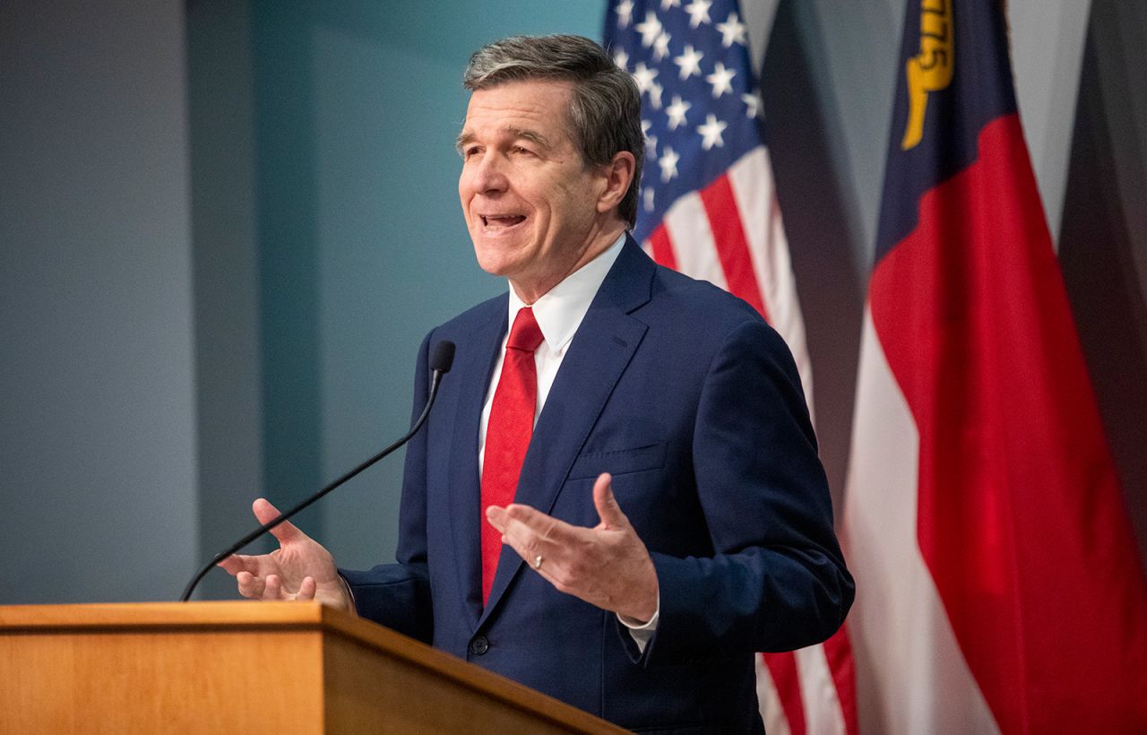 Gov. Roy Cooper speaks during a briefing on North Carolina's coronavirus pandemic response on May 5, at the NC Emergency Operations Center in Raleigh. 