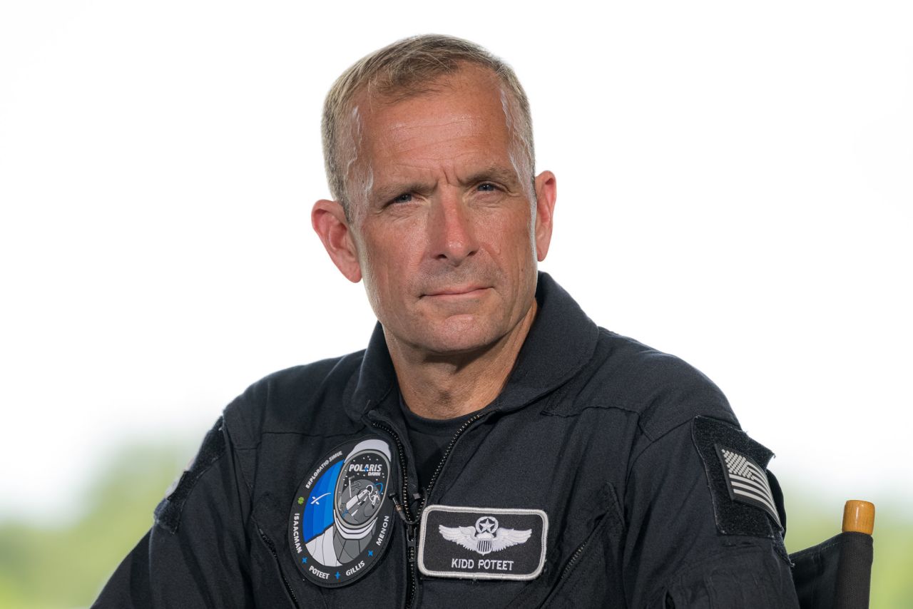 Scott Poteet attends a Polaris Dawn mission overview briefing at Kennedy Space Center in Cape Canaveral, Florida, in August 2024.