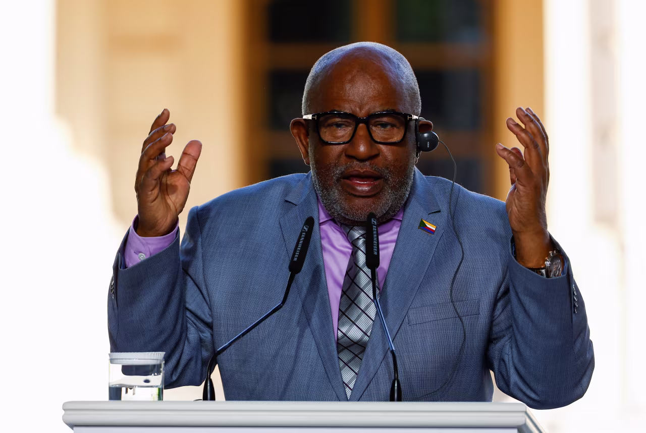 President of the Union of Comoros Azali Assoumani gestures a joint press conference with other African leaders and Ukraine's President Volodymyr Zelenskiy in Kyiv, Ukraine, on June 16, 2023.