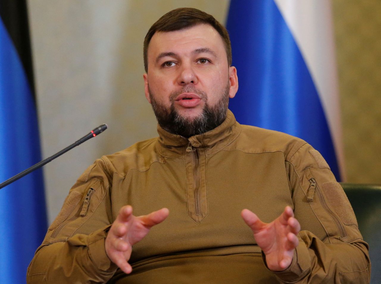 Head of the separatist self-proclaimed Donetsk People's Republic Denis Pushilin attends a news conference in Donetsk, Ukraine, on February 23.