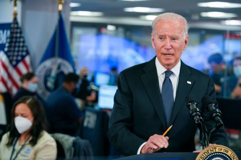 President Joe Biden speaks at the National Response Coordination Center at FEMA headquarters on August 29, in Washington, DC. 