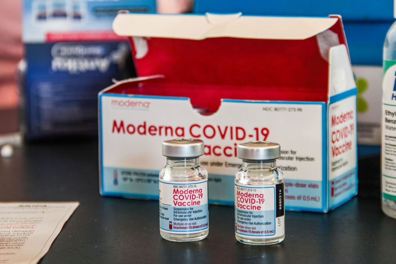 Moderna vaccine vials are seen at a mass Covid-19 vaccination event on September 15 in Dusun Bambu, Indonesia.