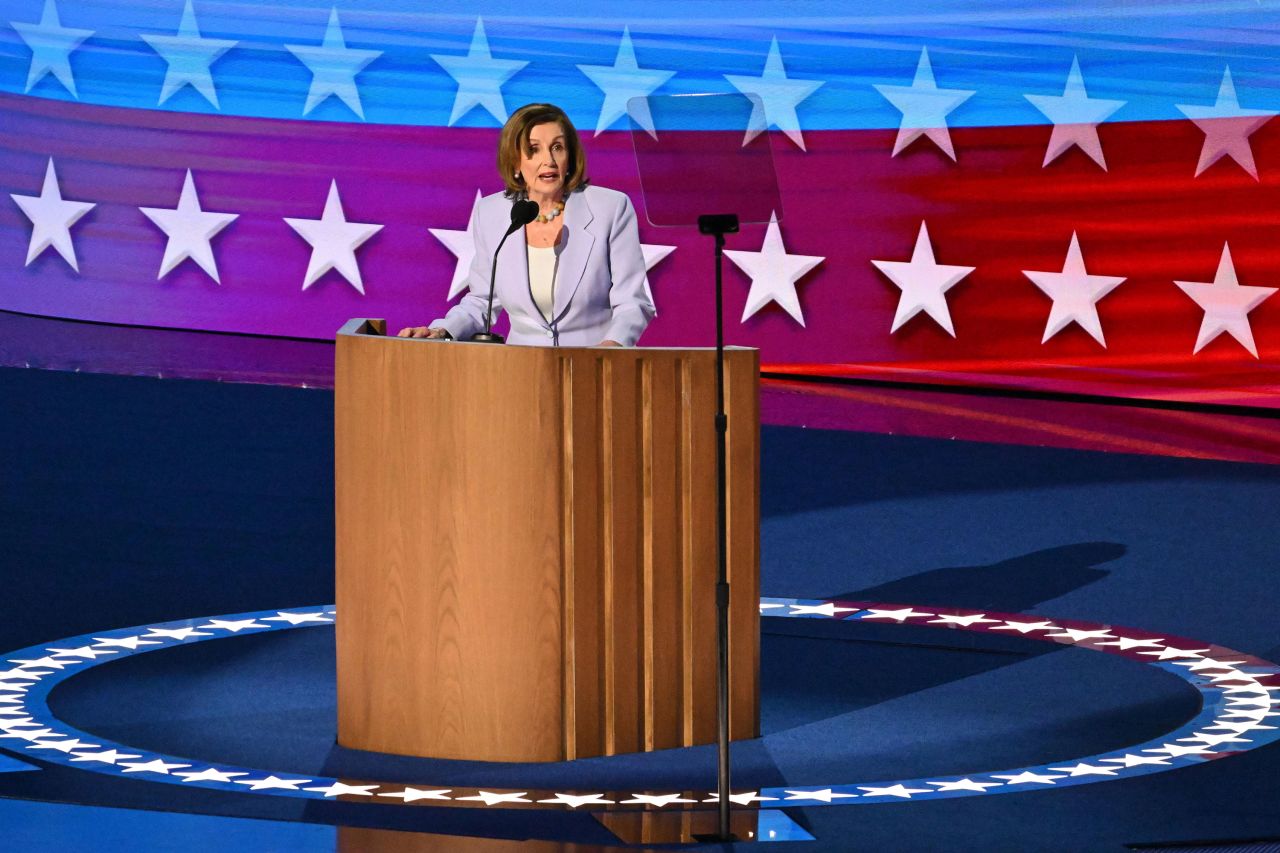 Former House Speaker Nancy Pelosi speaks during the DNC on Wednesday, August 21, in Chicago. 