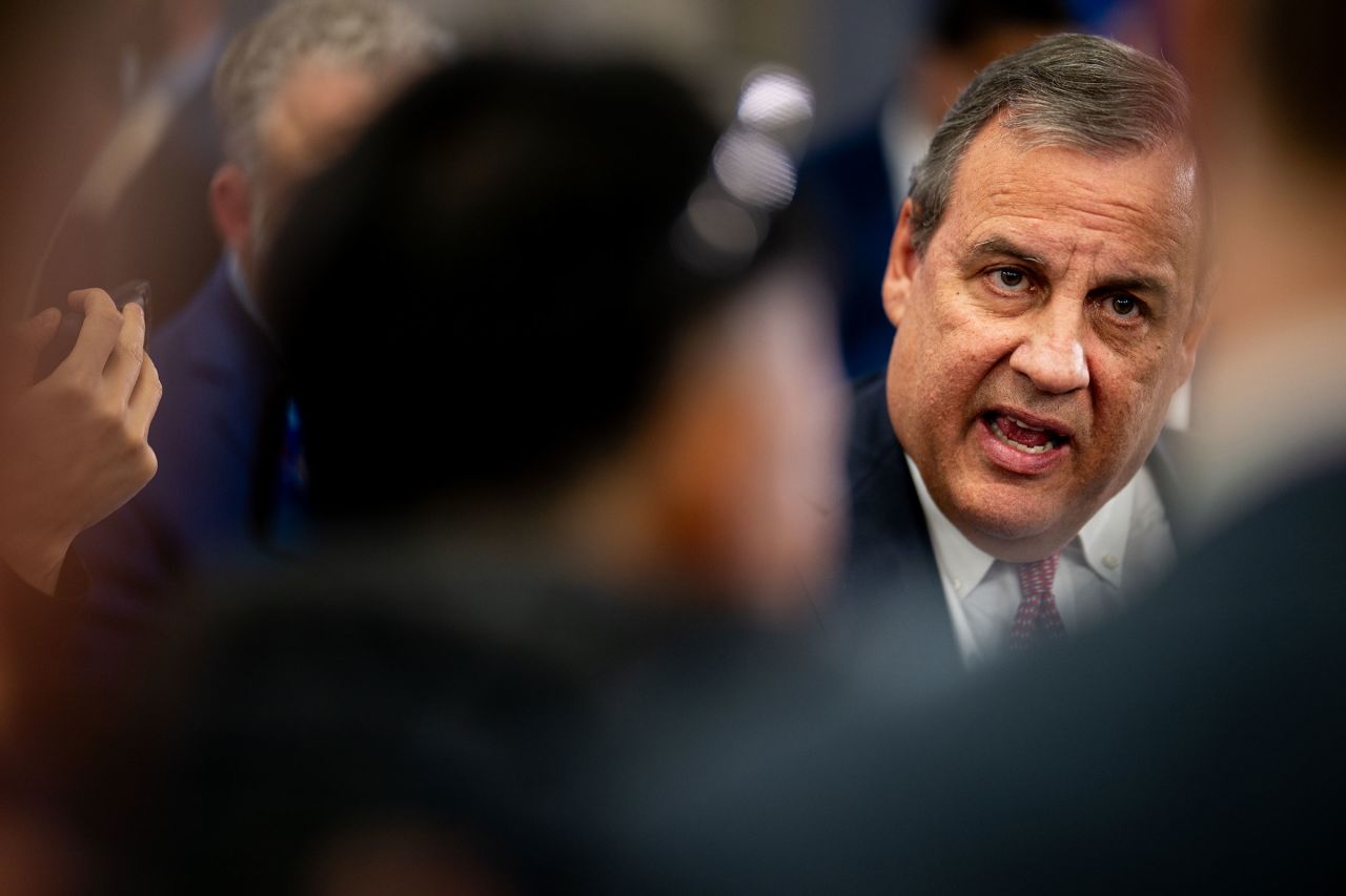 Republican presidential candidate former New Jersey Gov. Chris Christie speaks to reporters in the spin room following the NewsNation Republican Presidential Primary Debate at the University of Alabama Moody Music Hall on December 6, 2023 in Tuscaloosa, Alabama.?