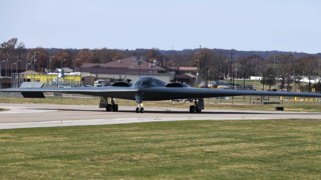 A B-2 Spirit stealth bomber taxis to the runway at Whiteman Air Force Base, Missouri, in 2022.