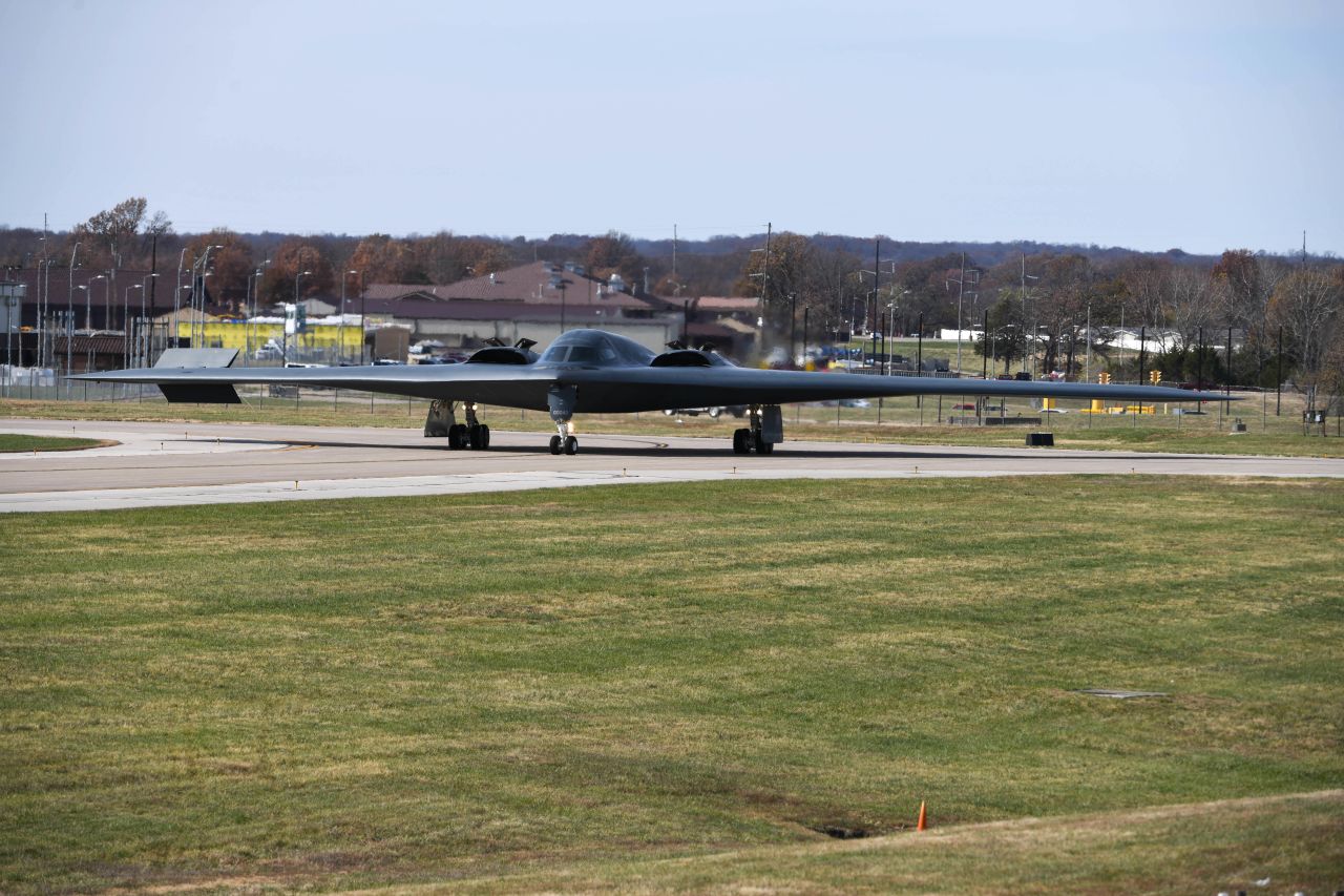 A B-2 Spirit stealth bomber taxis to the runway at Whiteman Air Force Base, Missouri, in 2022.