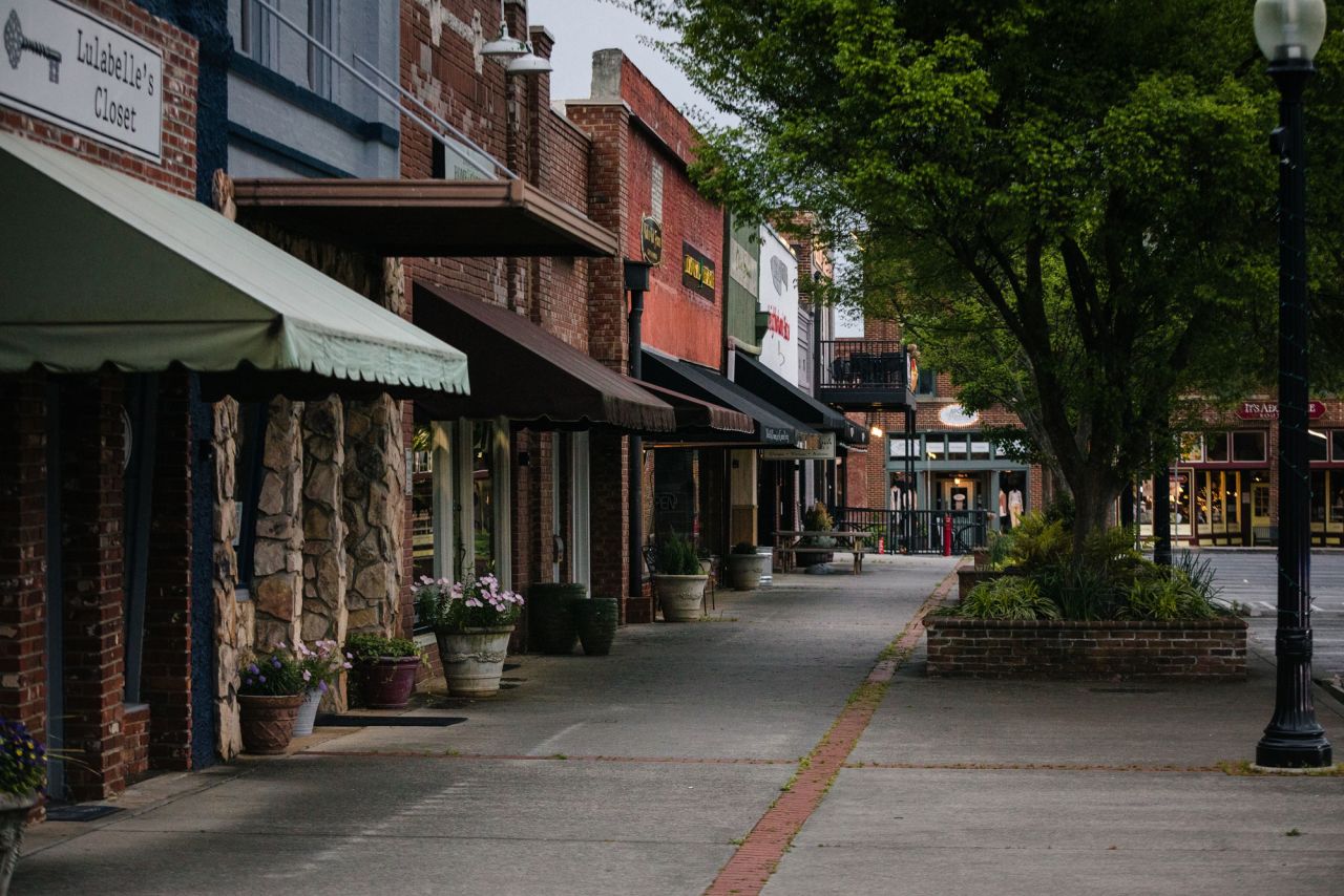 Businesses stand temporarily closed in downtown Cartersville, Georgia, on April 22.