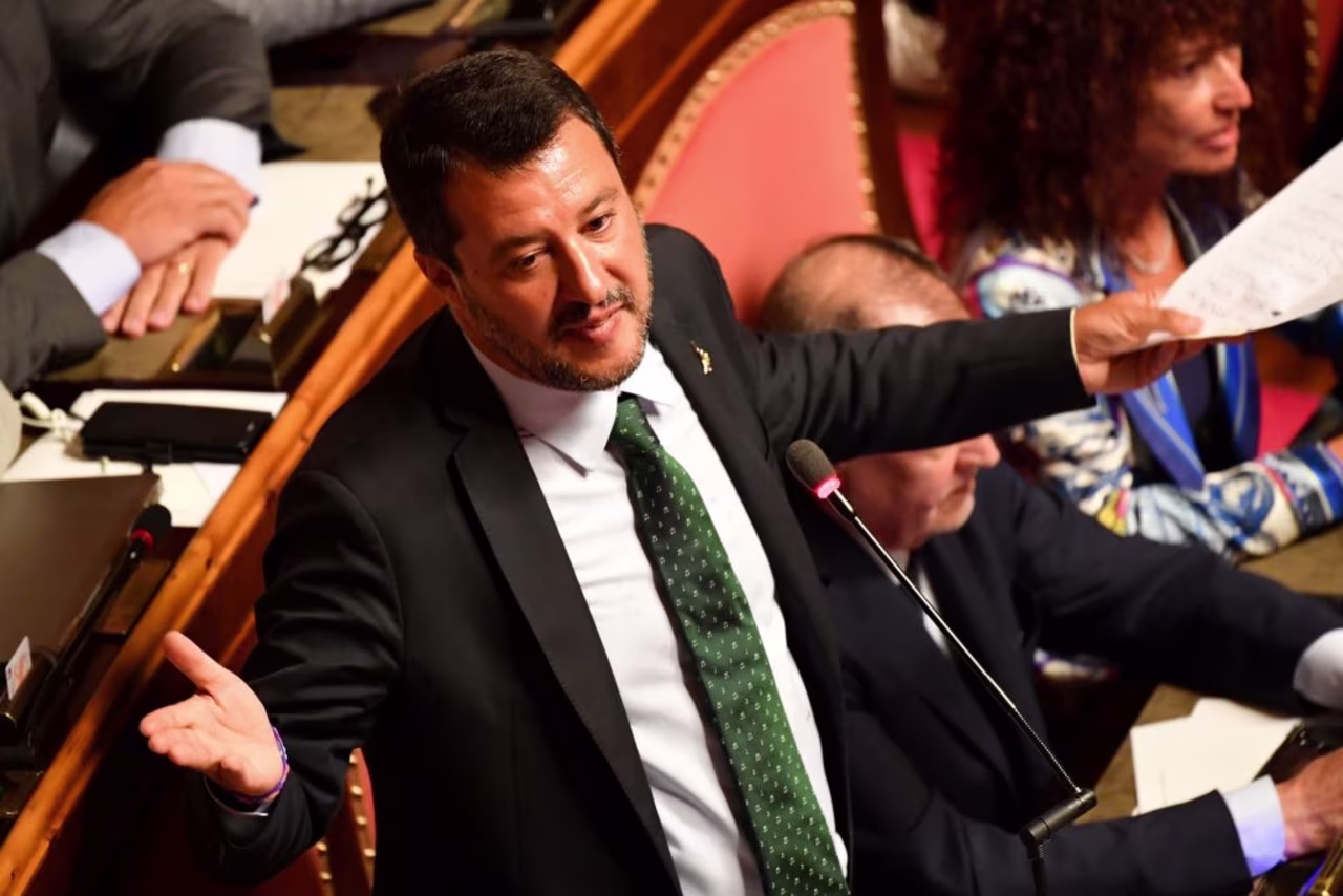 RISISDeputy Prime Minister and Interior Minister Matteo Salvini delivers as speech at the Italian Senate, in Rome, on August 20, 2019, as the country faces a political crisis.