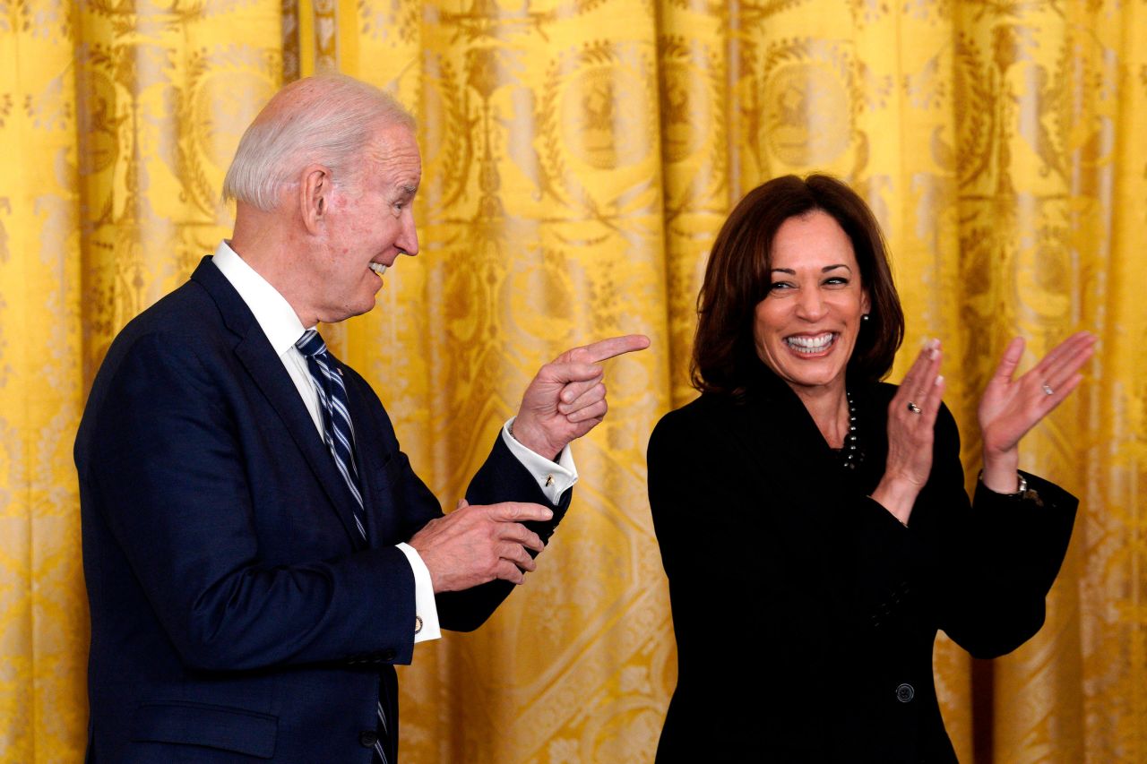 President Joe Biden and Vice President Kamala Harris participate in an event in the East Room of the White House in February.