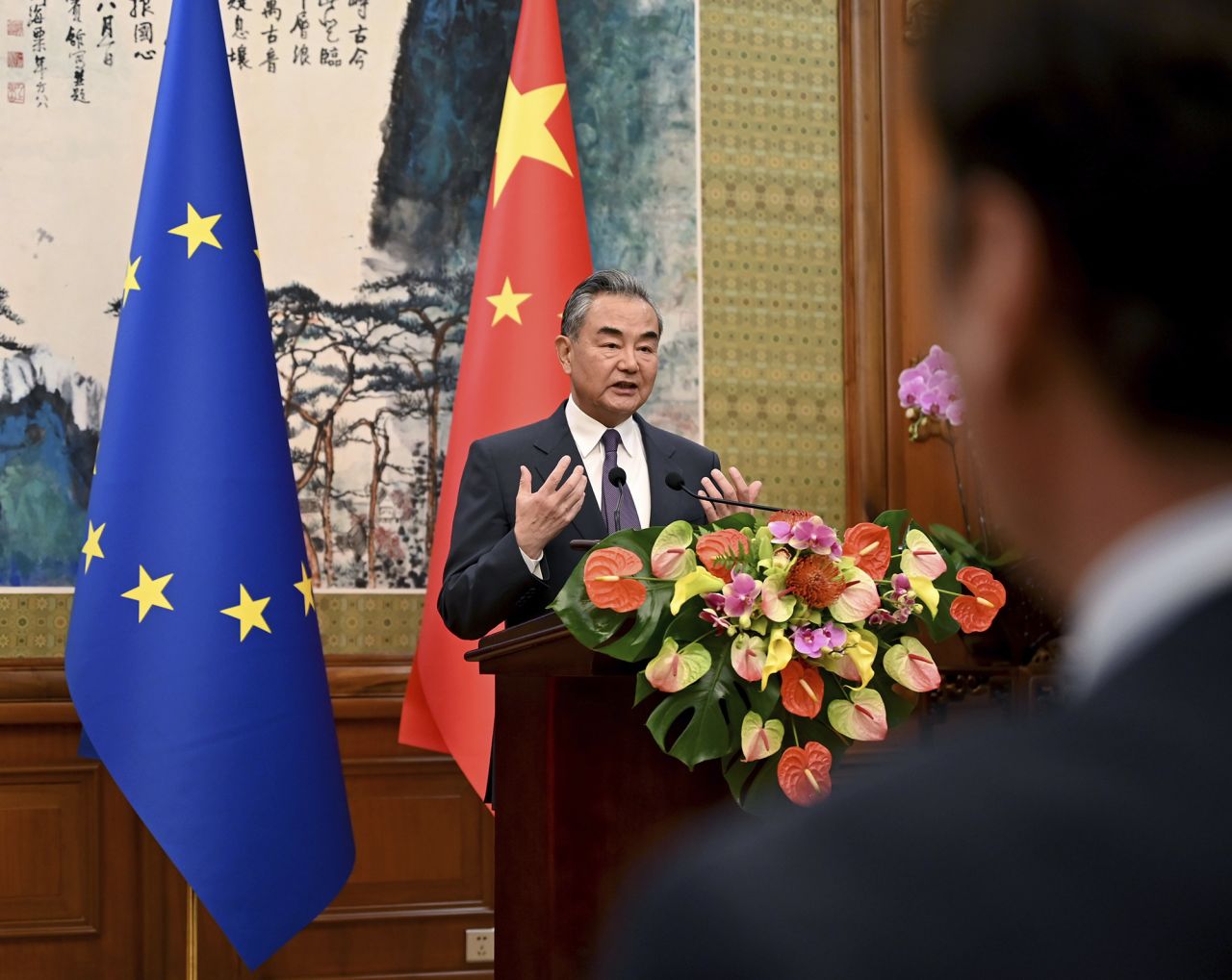 China's Foreign Minister Wang Yi speaks at a press conference on the sidelines of a strategic EU-China dialogue in Beijing, China, on October 13.