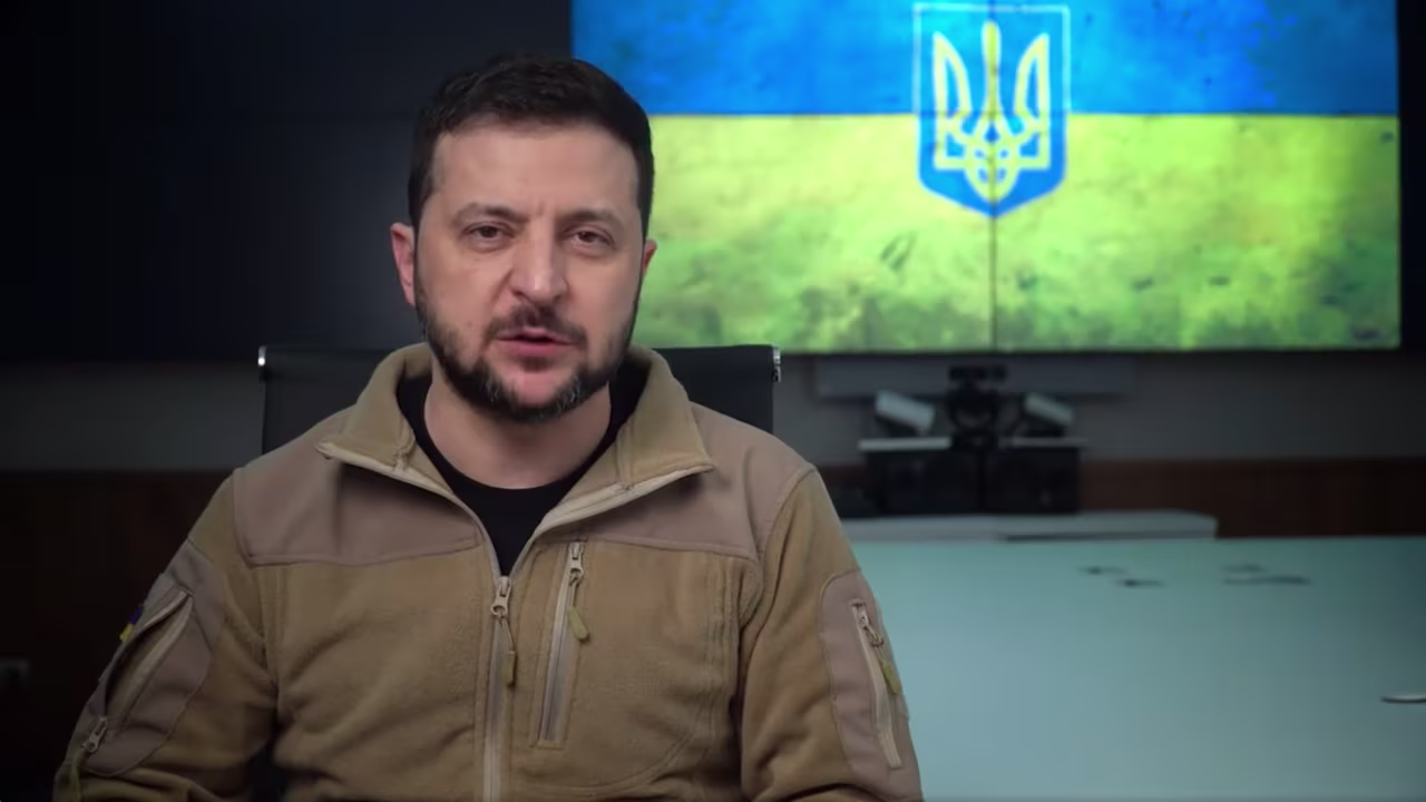 Ukrainian President Volodymyr Zelensky speaks during his evening video message on Saturday May 7. 