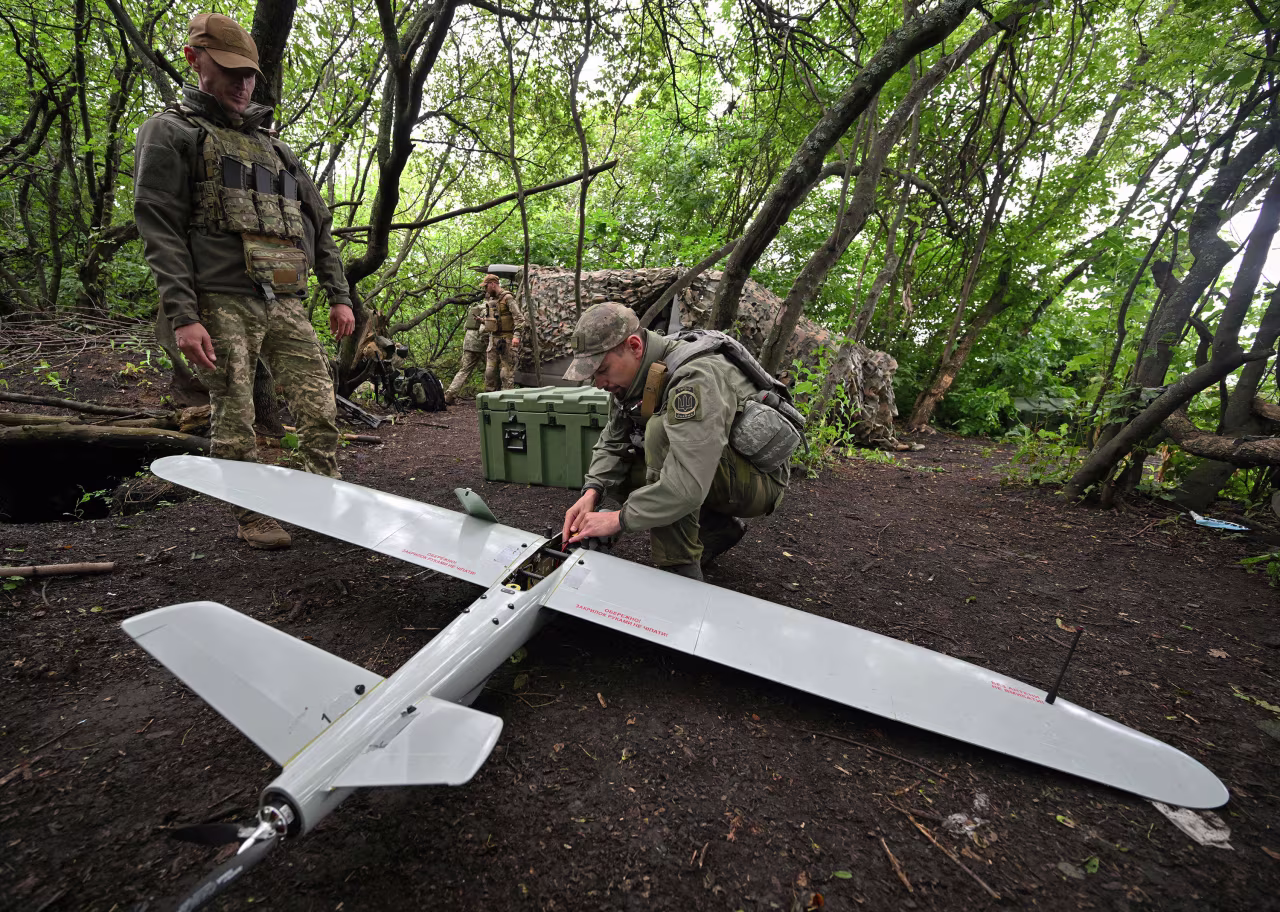 Ukrainian servicemen prepare for a flight of a Leleka reconnaissance UAV in Ukraine's Donetsk region on June 27. 