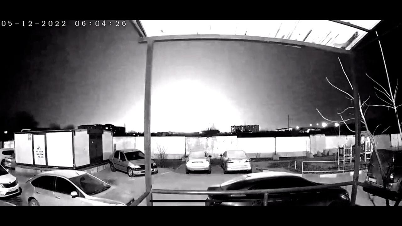 CCTV footage appears to show an explosion lighting up the sky, geolocated by CNN to the Russian city of Engels, on Monday morning.  
