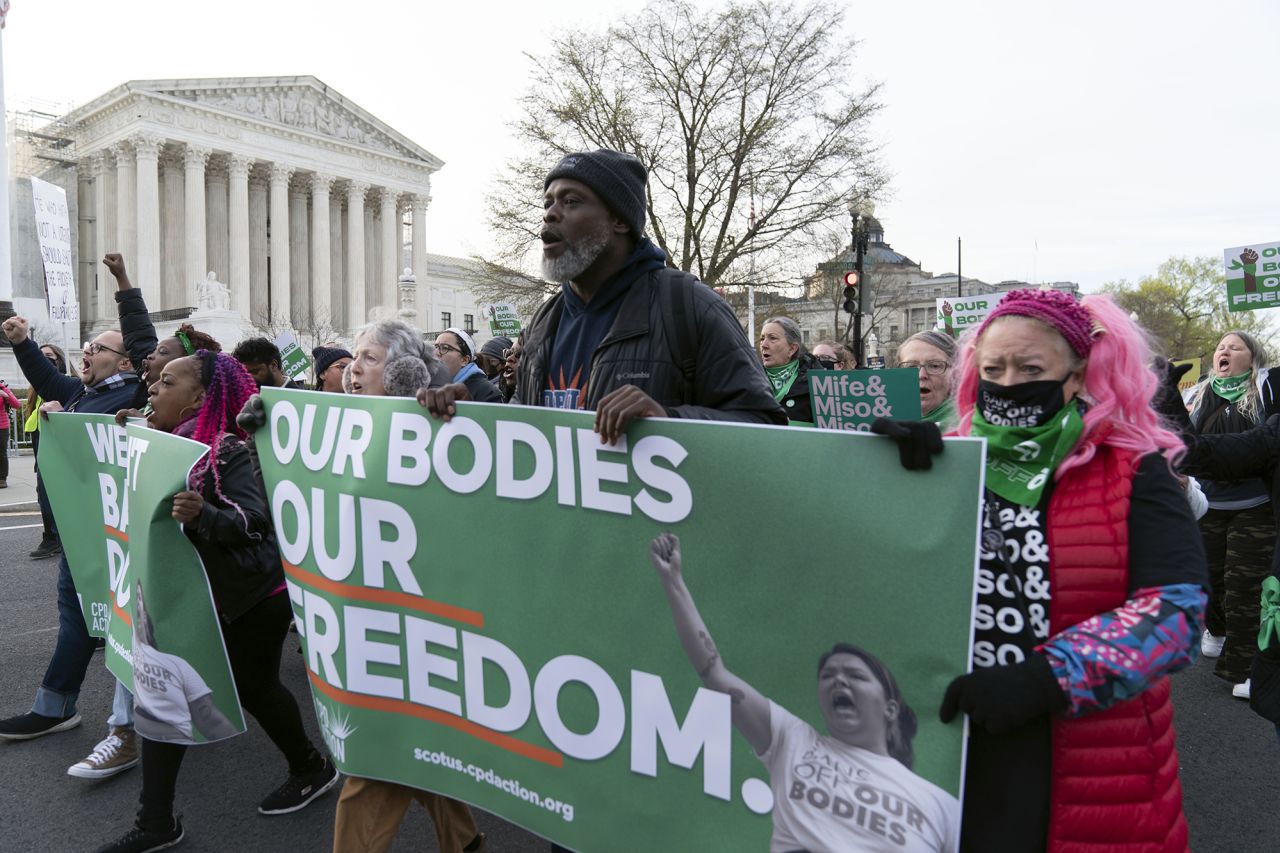 Abortion-rights activists rally outside of the Supreme Court today in Washington. 