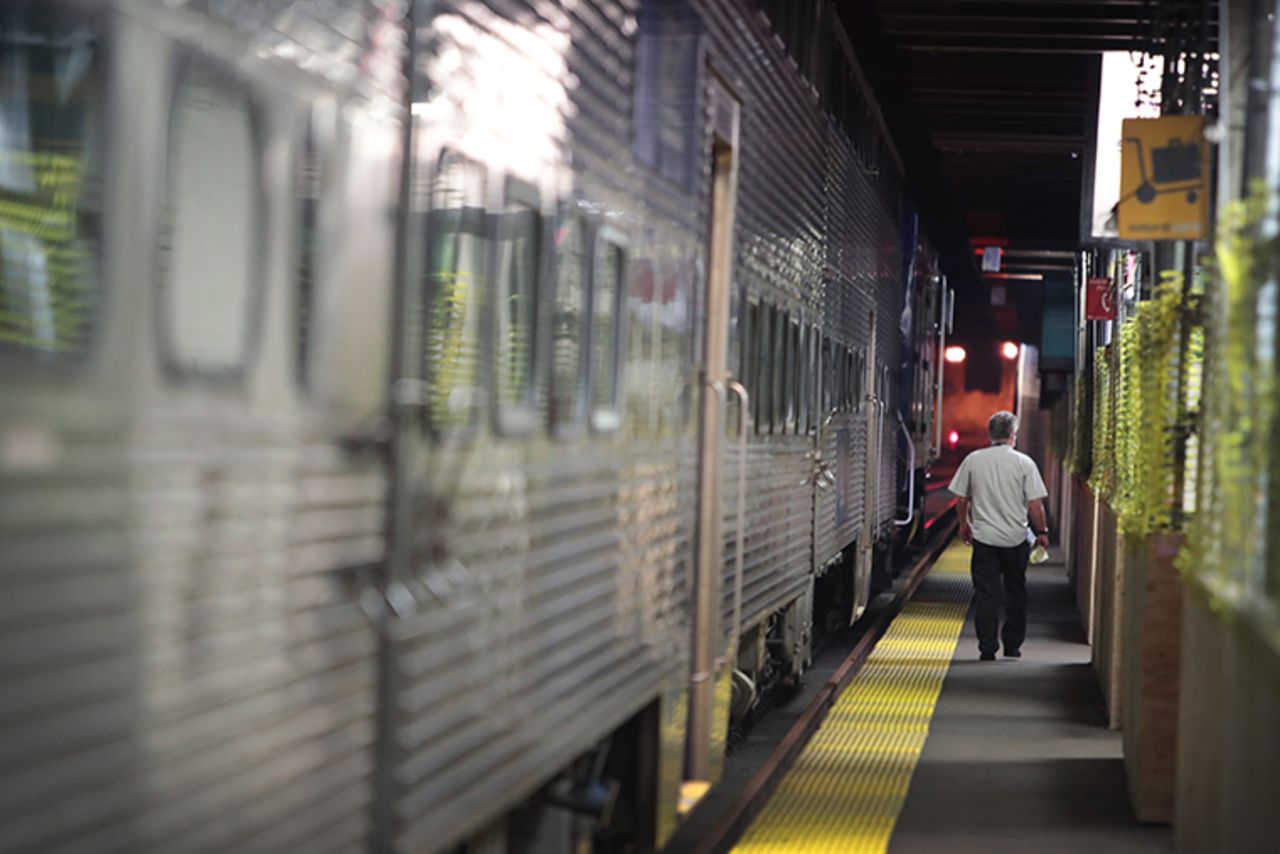 A passenger catches a commuter train out of Union Station on April 28, 2020 in Chicago, Illinois. 