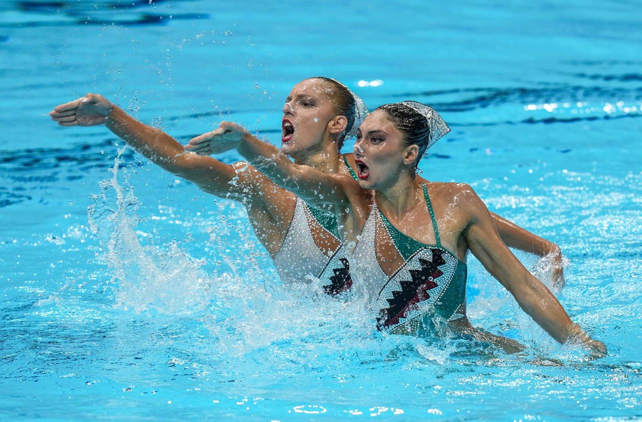 Greece's Evangelia Papazoglou and Evangelia Platanioti compete in the preliminary for the women's duet free artistic swimming event on August 2.