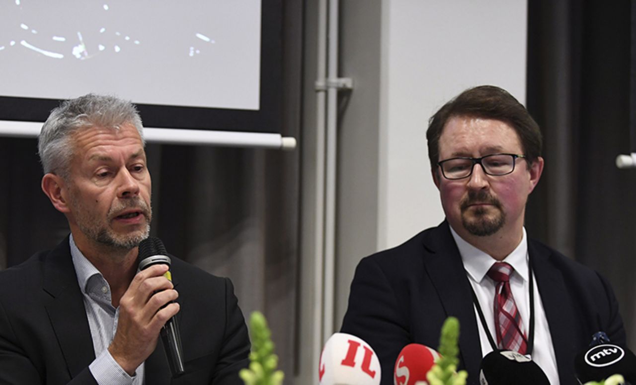 Chief Physician Taneli Puumalainen, left, and Director Mika Salminen of THL (National Institute for Health and Welfare) address a press conference in Helsinki, Finland, on Wednesday, January 29, relating to the first confirmed coronavirus case in Lapland Central Hospital in Rovaniemi.