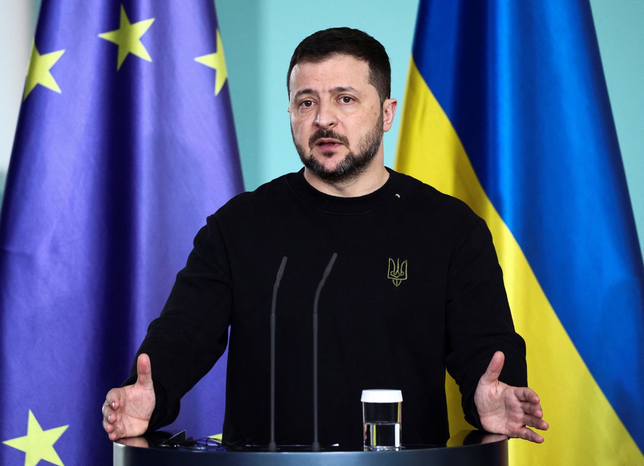 Ukraine's President Volodymyr Zelenskiy attends a press conference with German Chancellor Olaf Scholz in Berlin, Germany, on February 16.