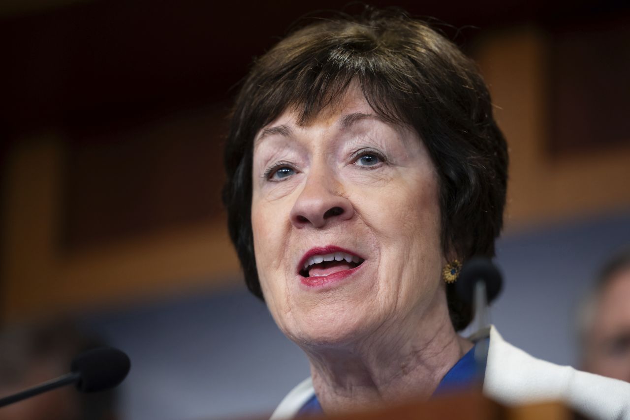 Sen. Susan Collins speaks during a press conference at the Capitol on May 9.