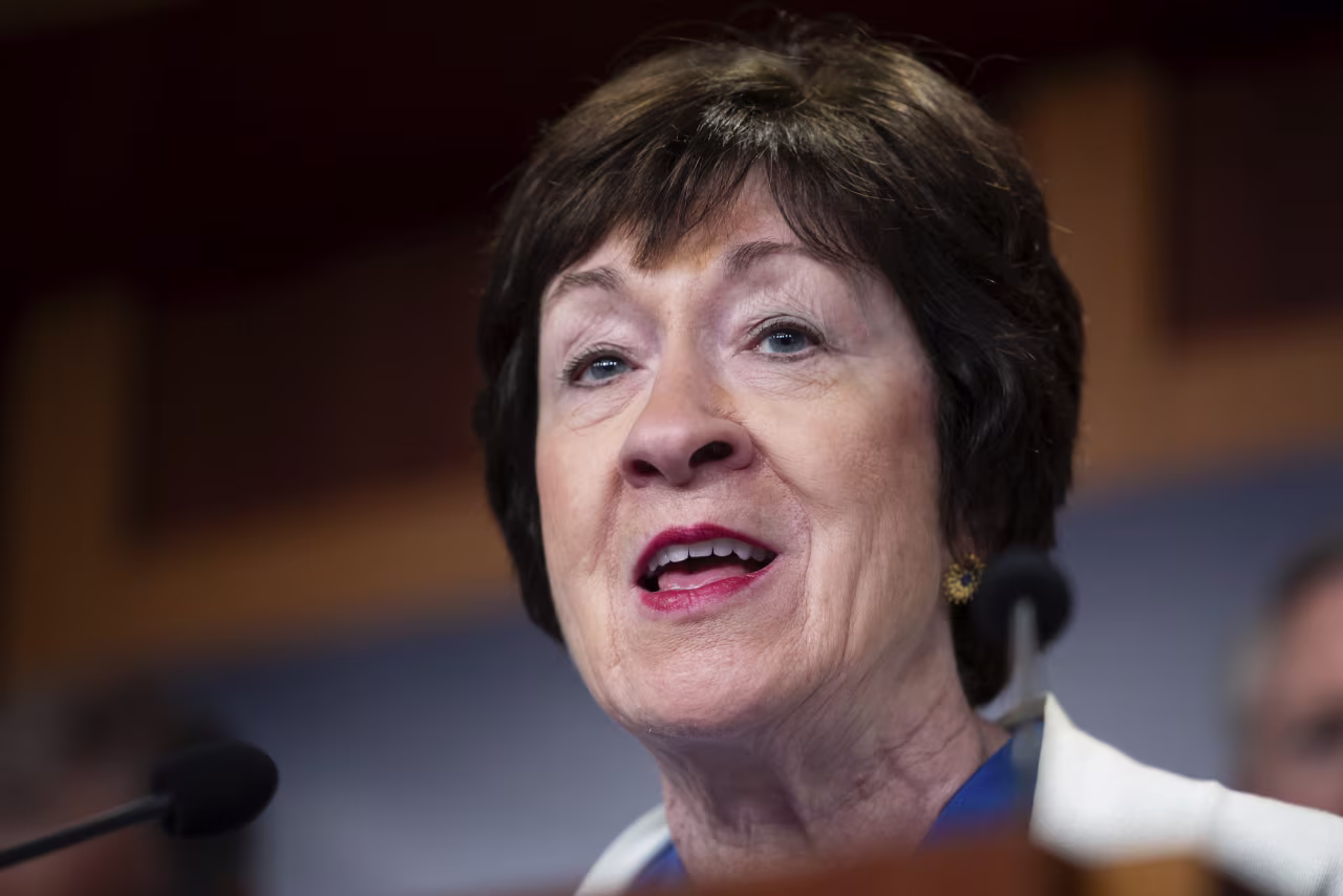 Sen. Susan Collins speaks during a press conference at the Capitol on May 9.