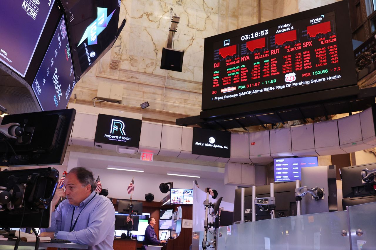 Traders work on the floor of the New York Stock Exchange during afternoon trading on August 2.