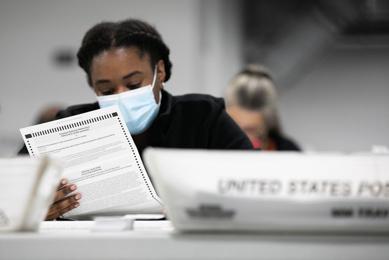 A Gwinnett County election worker looks over absentee and provisional ballots at the Gwinnett Voter Registrations and Elections office on November 6, in Lawrenceville, Georgia. 