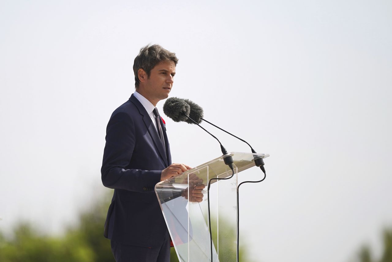 Prime Minister of France Gabriel Attal speaks during the Government of Canada ceremony to mark the 80th anniversary of D-Day, at Juno Beach, in Courseulles-sur-Mer, Normandy, France, on June 6.