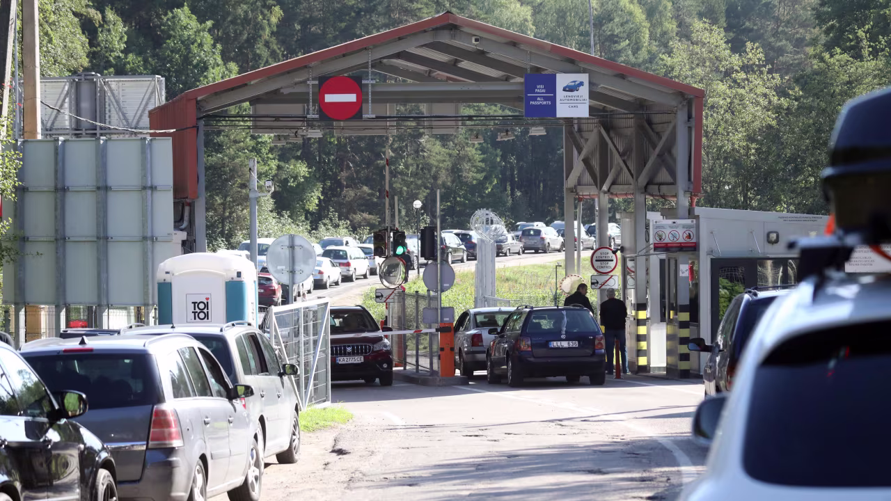 Cars queue at the border crossing point Sumskas between Lithuania and Belarus on August 12, 2023.