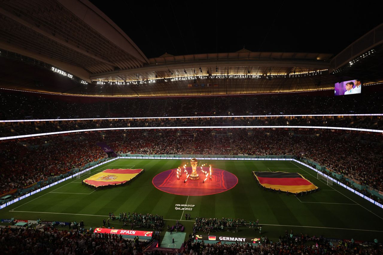 The inside of Al Bayt Stadium as the team flags are displayed before the match in Al Khor, Qatar on Sunday.