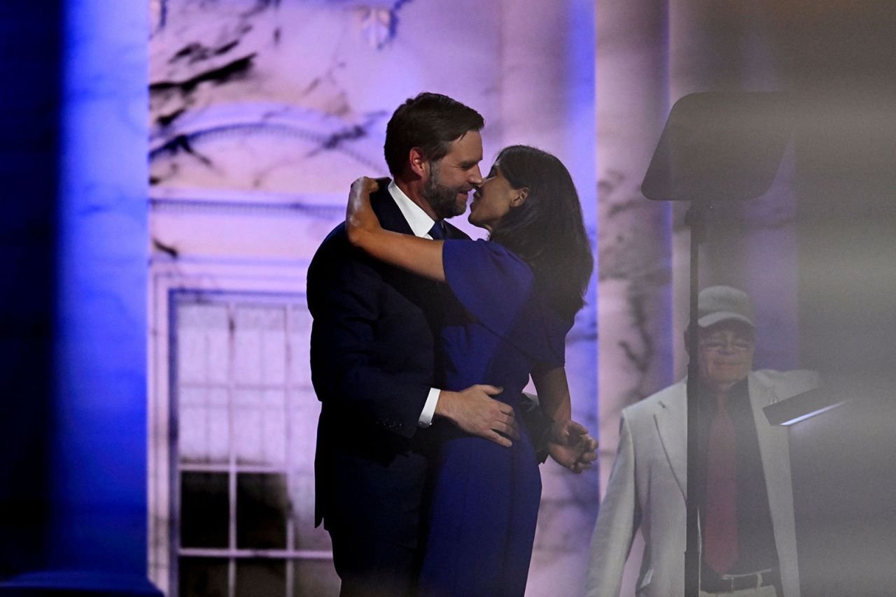 JD and Usha Vance embrace on stage during the convention on Wednesday, July 17.