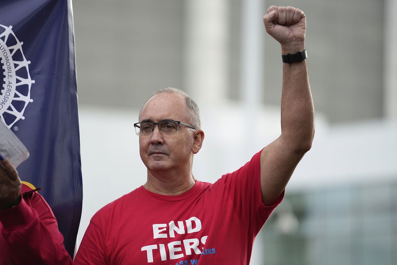 United Auto Workers President Shawn Fain speaks during a rally in Detroit on Friday, Sept. 15.