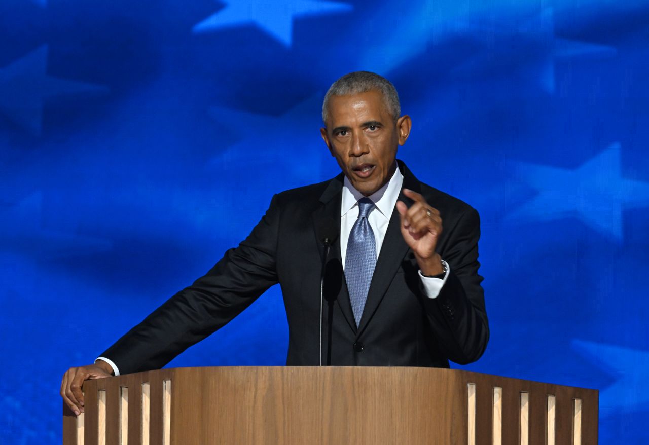 Barack Obama at the 2024 Democratic National Convention in Chicago on August 20.