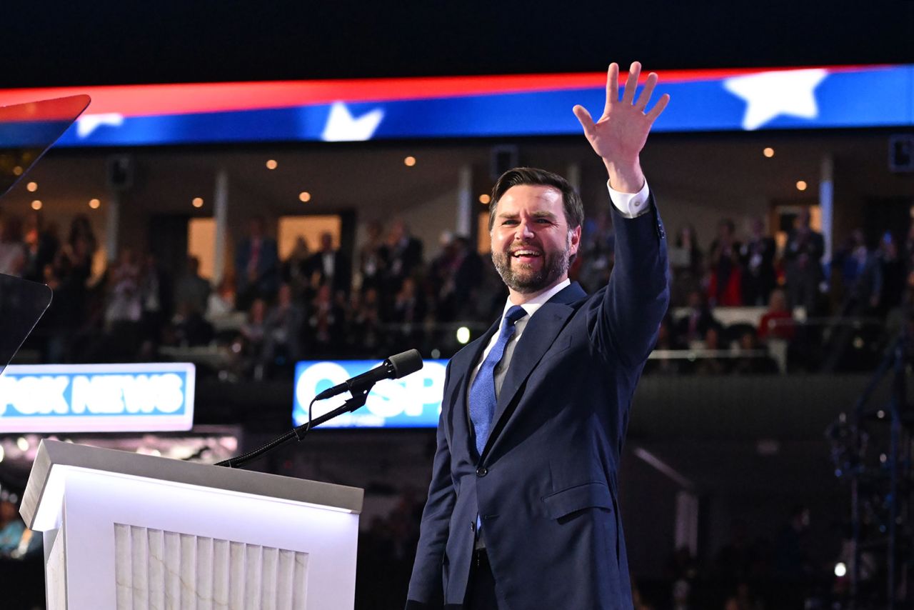 US Sen. JD Vance speaks at the 2024 Republican National Convention hosted at the Fiserv Forum in Milwaukee, Wisconsin, on July 17.