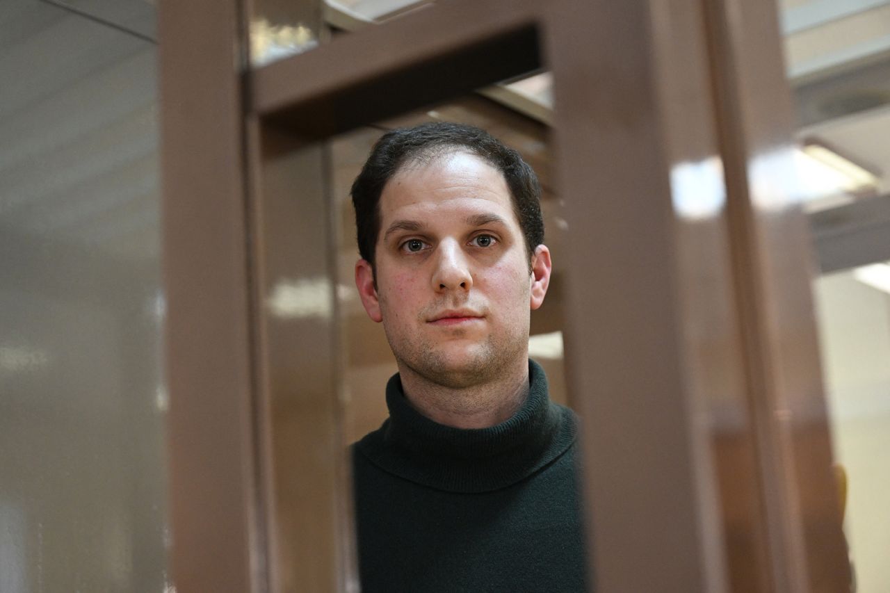 US journalist Evan Gershkovich, appears inside a defendants' cage before a hearing to consider an appeal on his extended pre-trial detention, at the Moscow City Court in Moscow, Russia, on February 20.