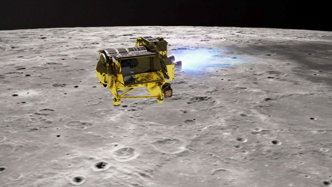 An artist's illustration depicts the SLIM lander's descent toward the lunar surface.