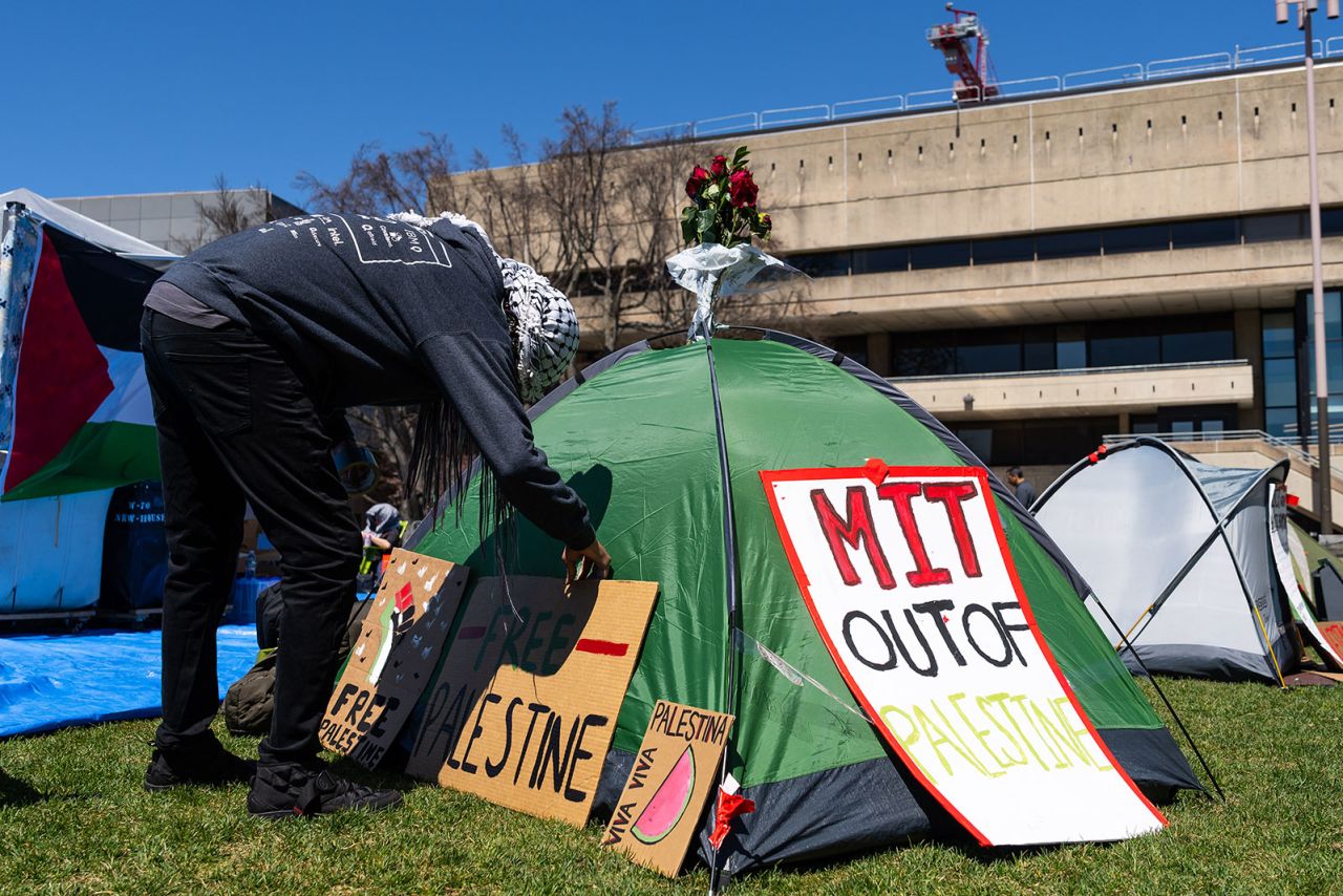 Demonstrators are seen at an encampment at the Massachusetts Institute of Technology in Cambridge on Tuesday.