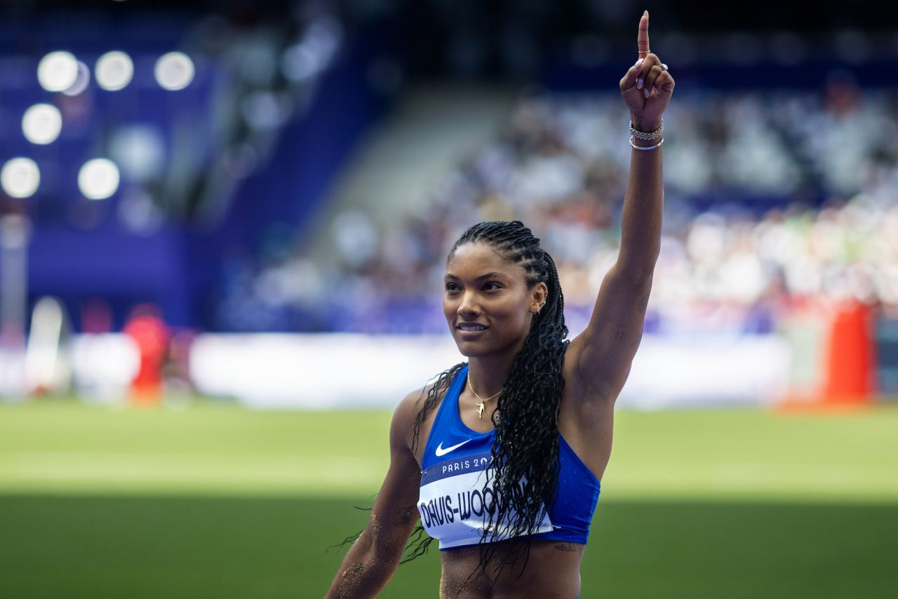 Tara Davis-Woodhall of the United States is seen at the Stade de France on August 6.