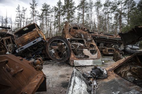 Destroyed armored vehicles and tanks belonging to Russian forces outside the city of Lyman in the Donetsk region, Ukraine, on October 5.