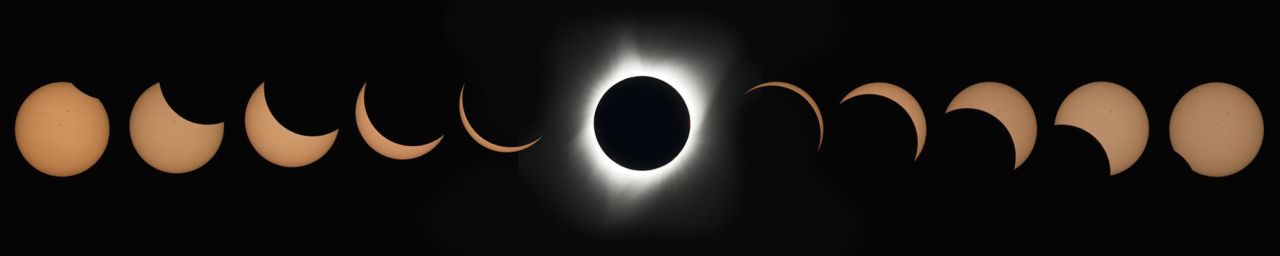 This composite photo shows all the stages of a total solar eclipse in Madras, Oregon, on August 21, 2017.